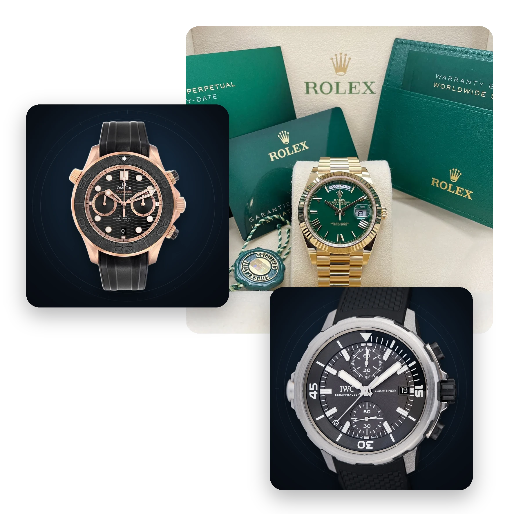 Rolex Day-Date with box and papers, Omega Seamaster and IWC Aquatimer