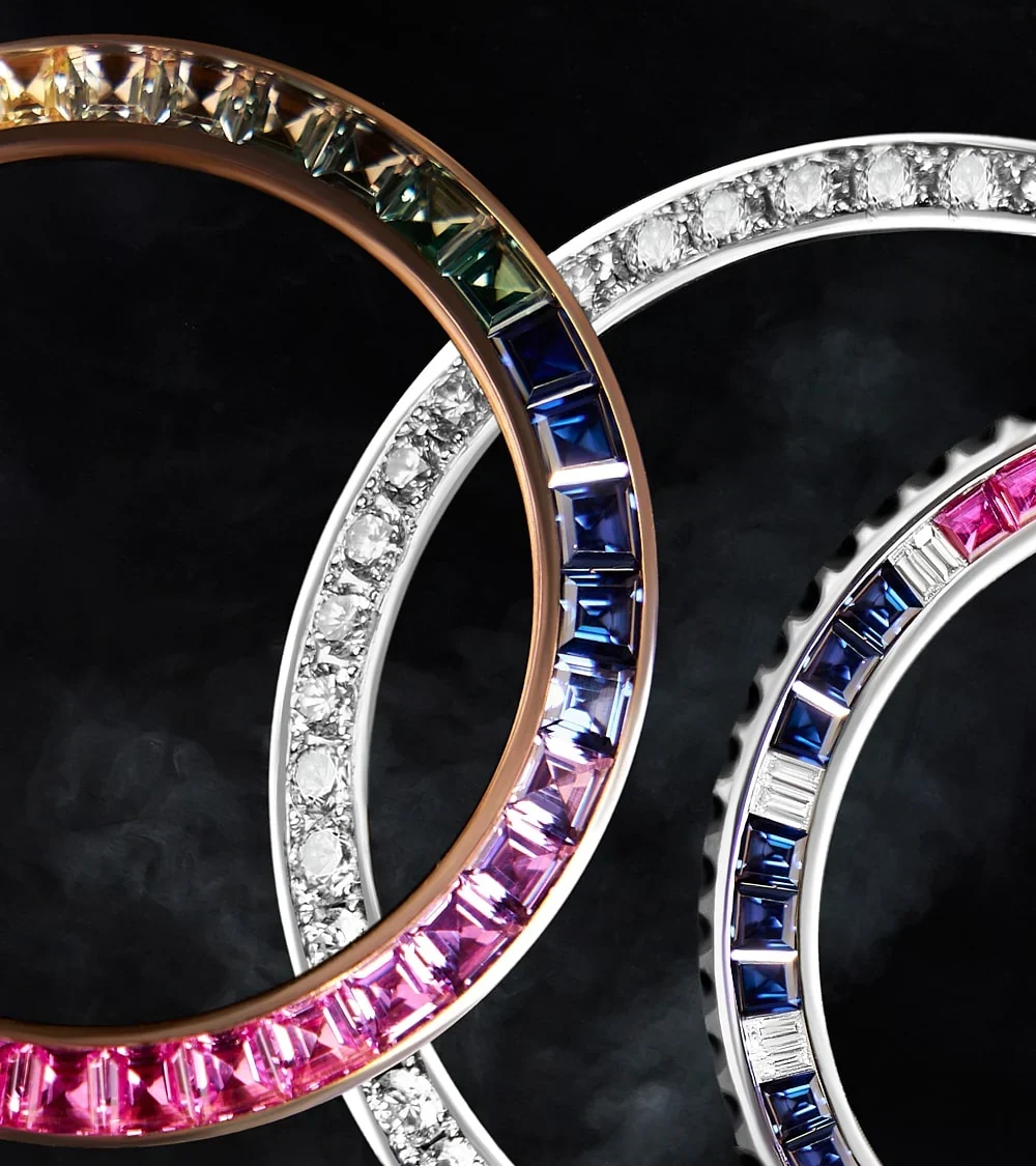 Bezels set with sapphires, rubies and diamonds